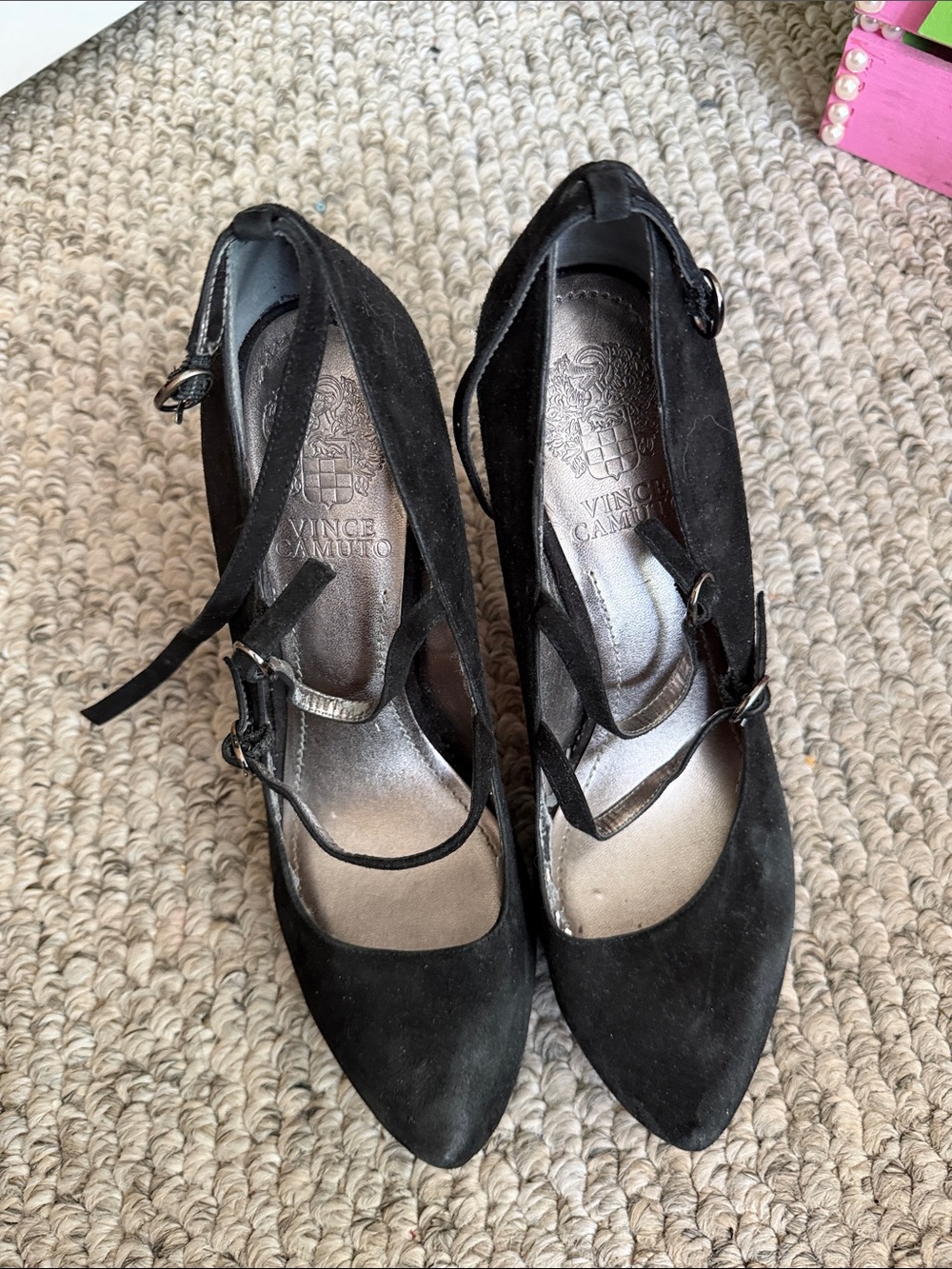 Vince Camuto Black Suede Crisscross Strappy Pointed Pumps
